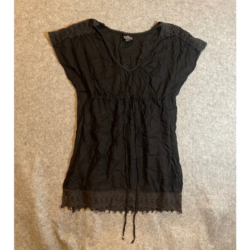Angie Women Black Rayon Crochet Lace Trim V-Neck Empire Waist Tunic Top Medium